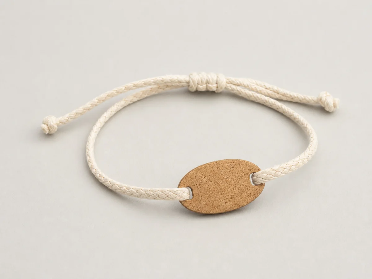 Natural cotton RFID wristband with a sealed oval cork faceplate