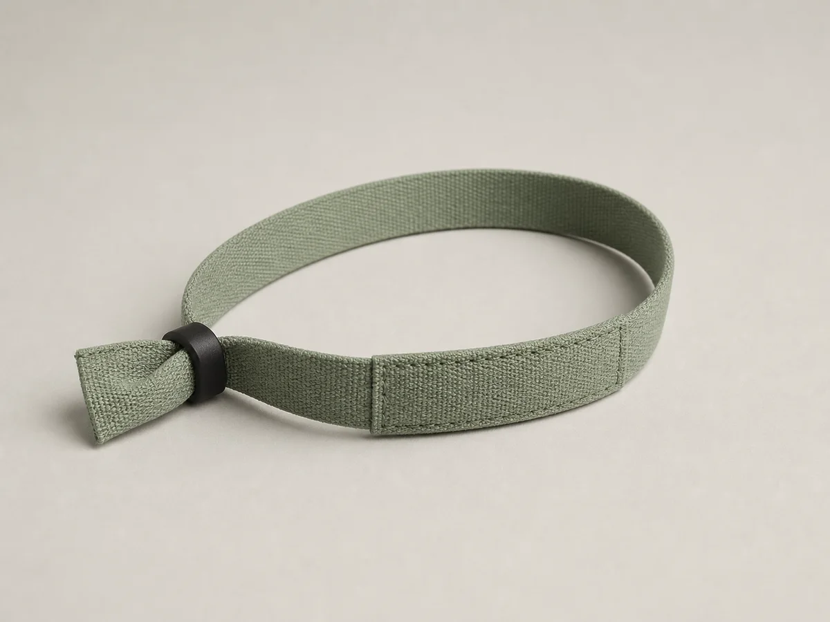Sage woven RFID wristband with the inlay concealed inside a stitched fabric section