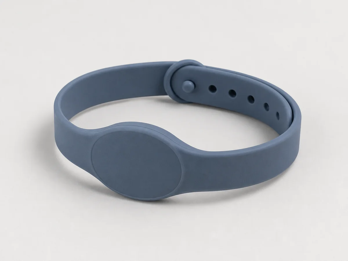 Slate-blue silicone RFID wristband with a low-profile oval credential face