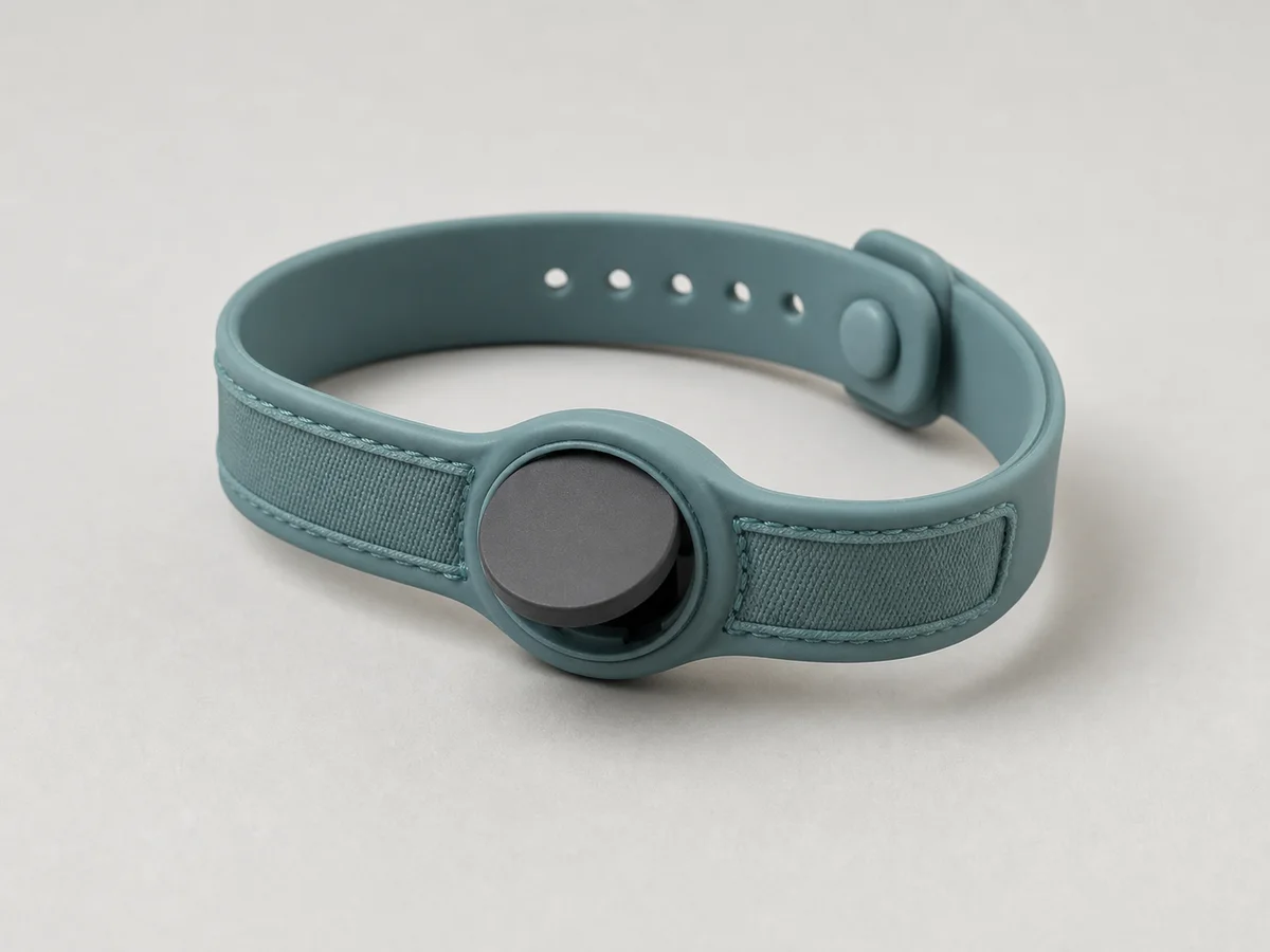 Teal carrier wristband with a removable round RFID module in a snap-fit bezel