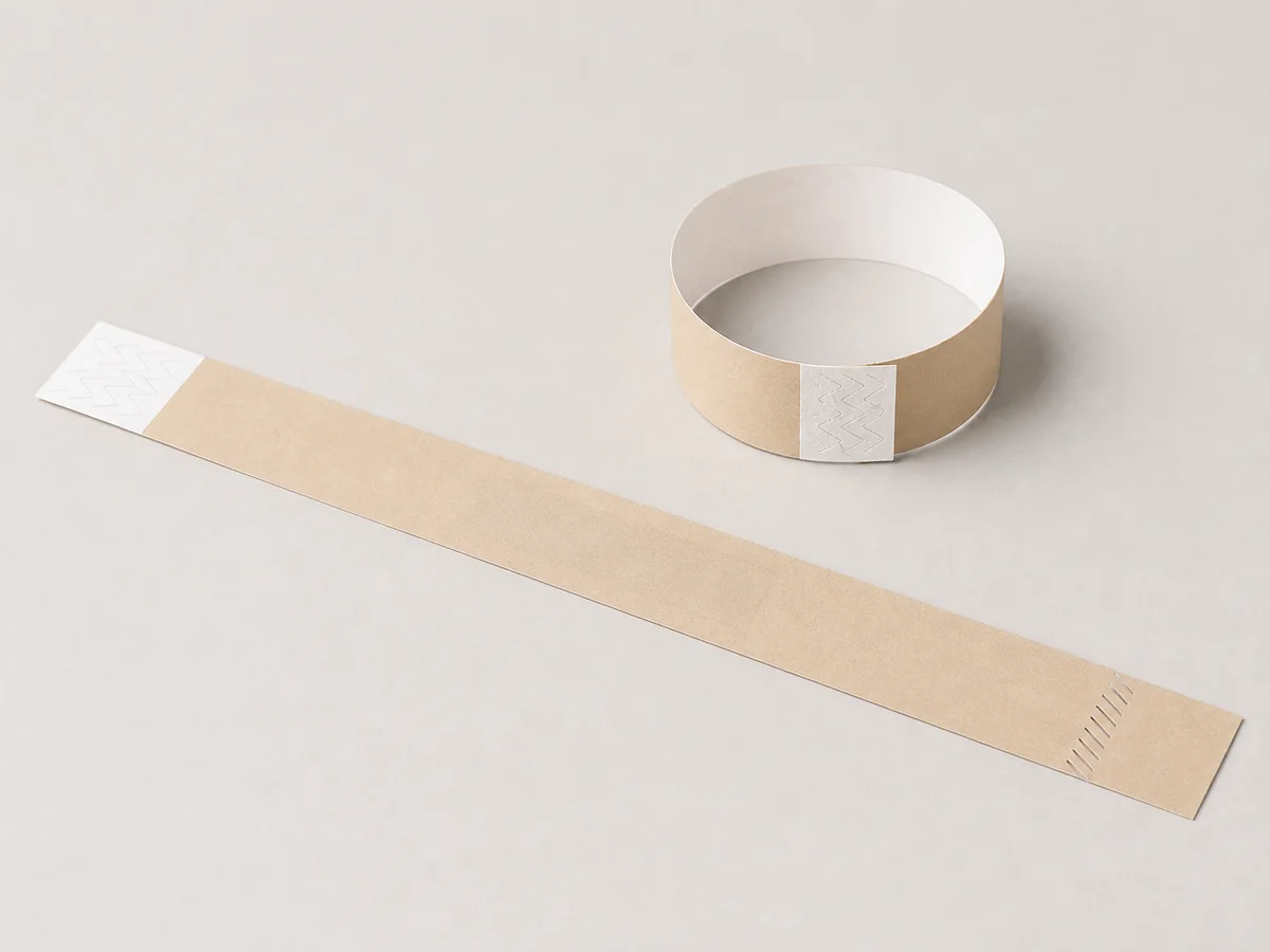 Coated paper RFID day-pass wristband shown flat and closed with an adhesive end