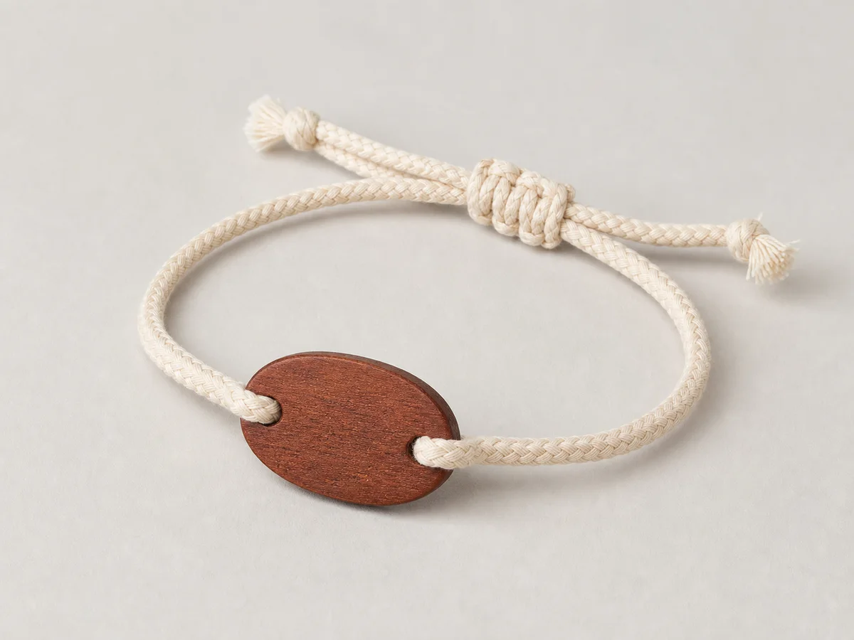 Cream cotton RFID wristband with a sealed reddish sapele faceplate