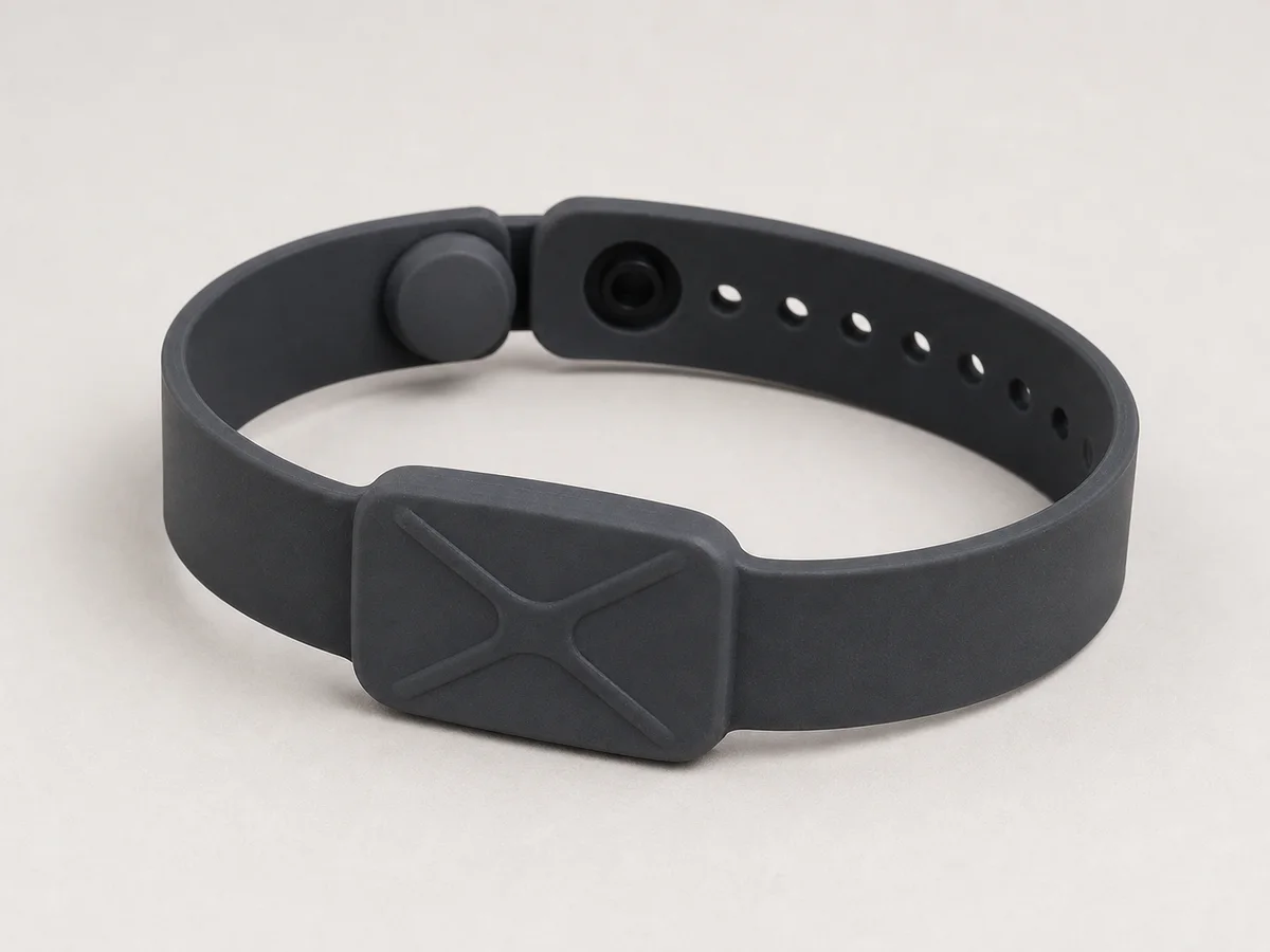 Reinforced charcoal silicone RFID wristband with an X-ribbed housing and secure snap