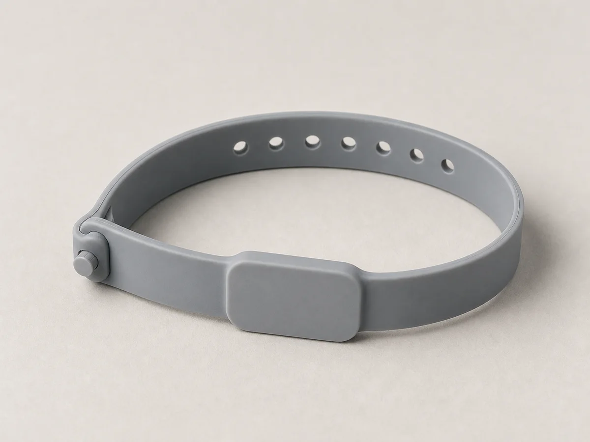 Slim stone-grey silicone RFID wristband with a compact rectangular passive module