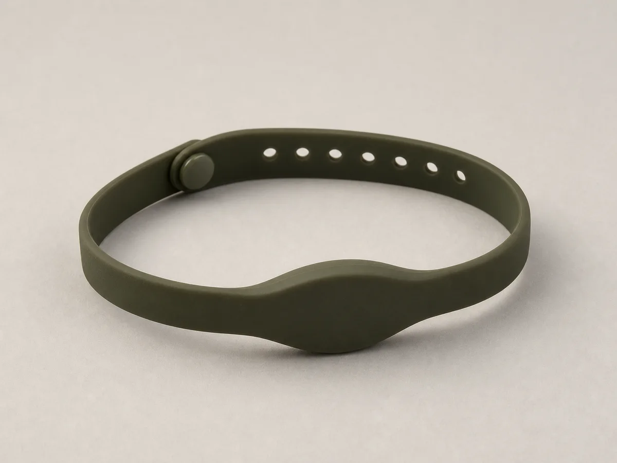 Thin dark-olive silicone RFID wristband with a compact horizontal oblate face