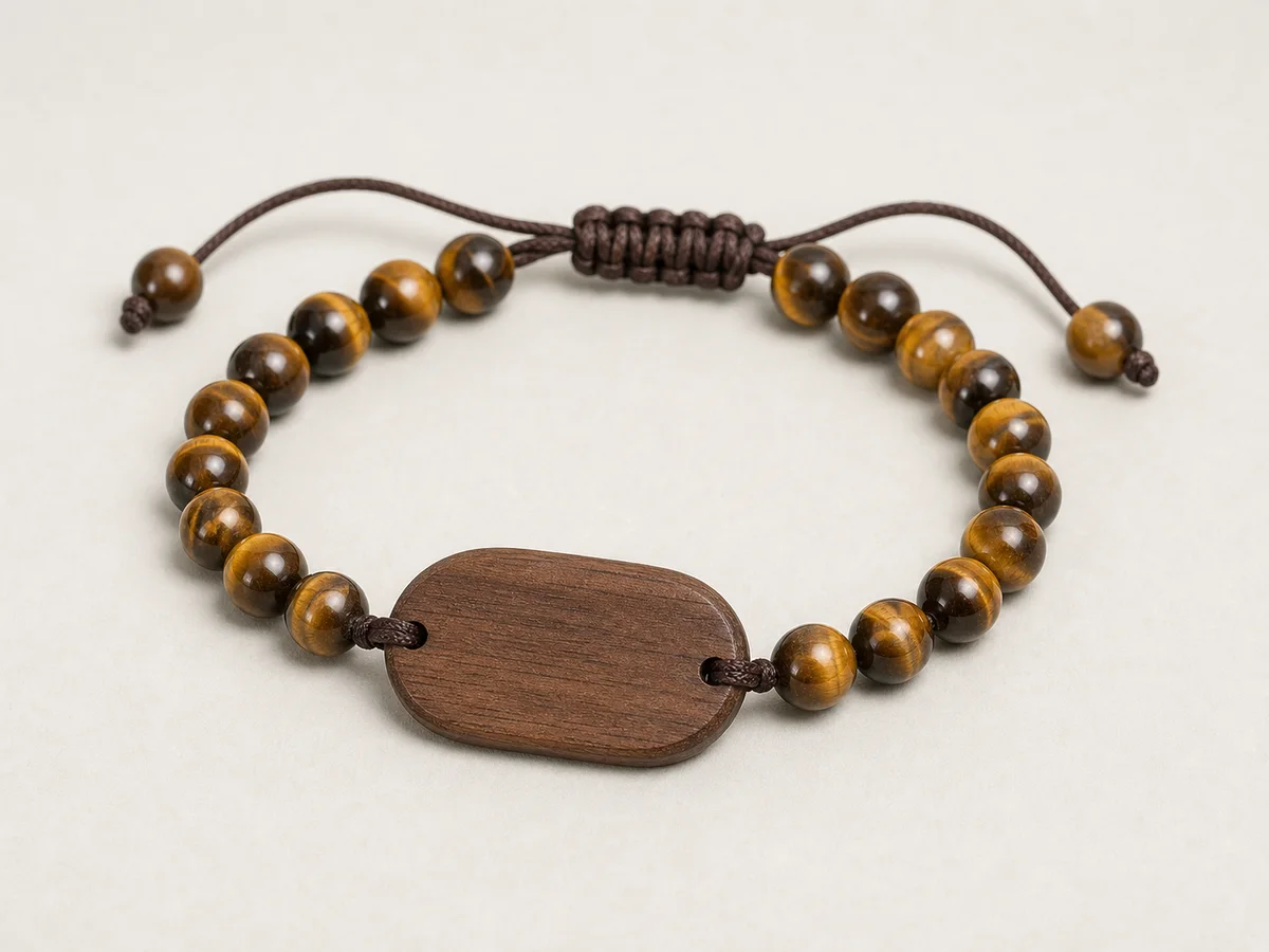 Adjustable tiger-eye stone-bead RFID wristband with a sealed walnut faceplate