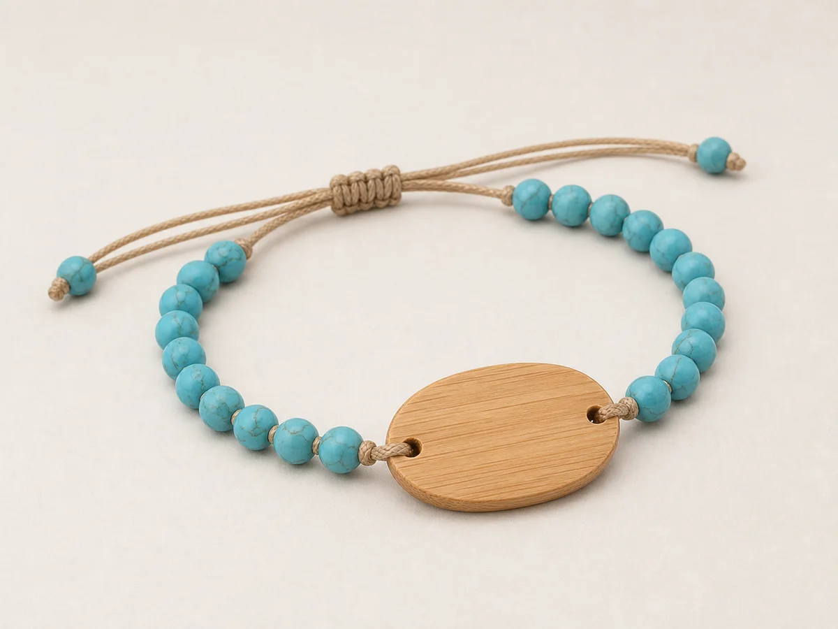 Adjustable turquoise stone-bead RFID wristband with a sealed bamboo faceplate
