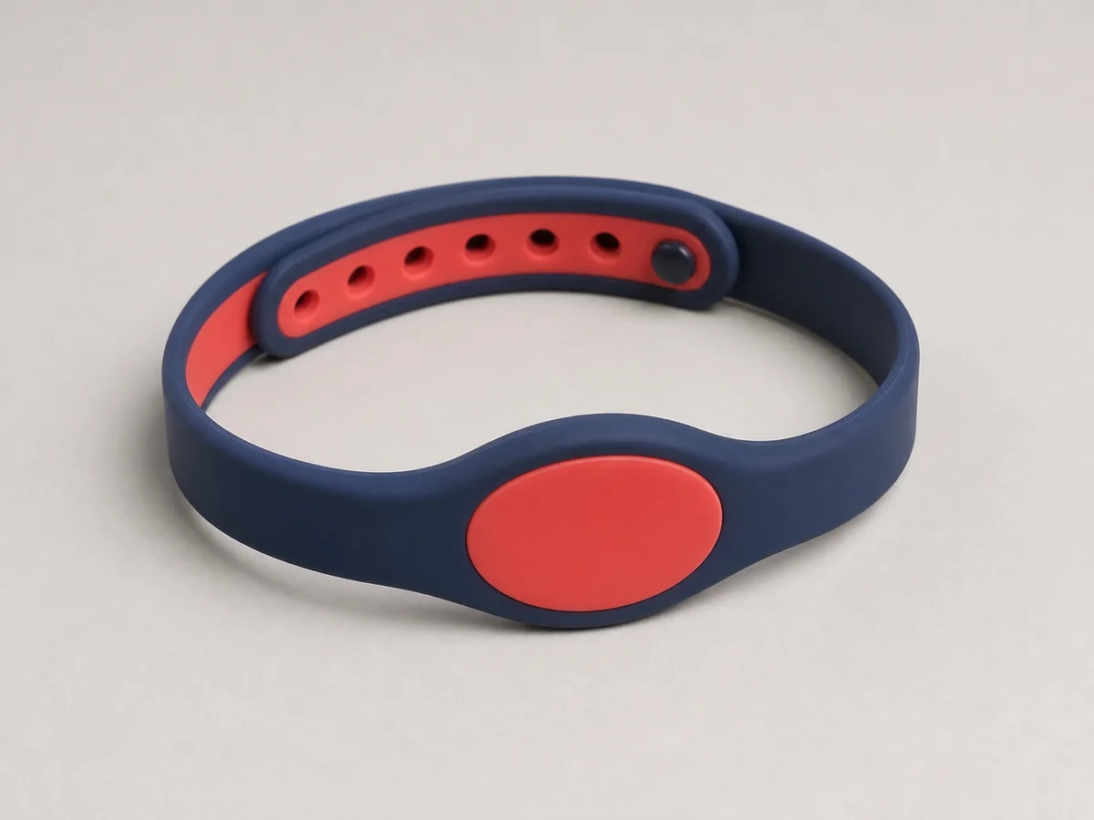Navy and coral two-shot molded silicone RFID wristband with an oval face