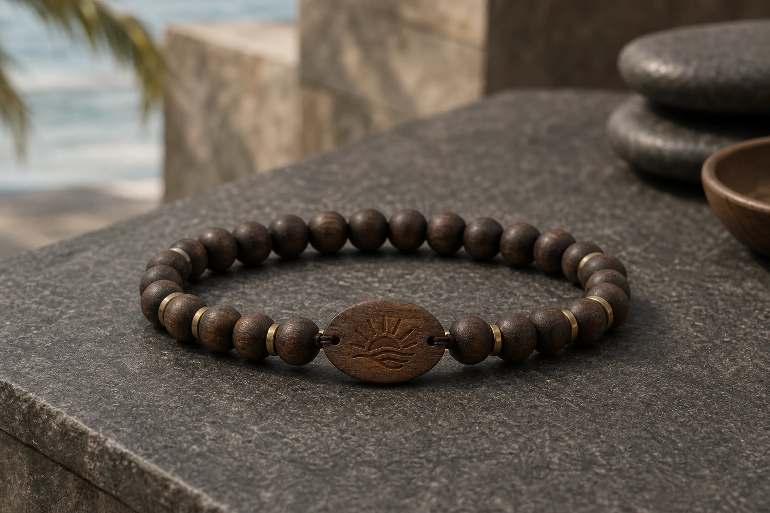 Dark Wood Bead RFID wristband — Espresso & Brass colorway