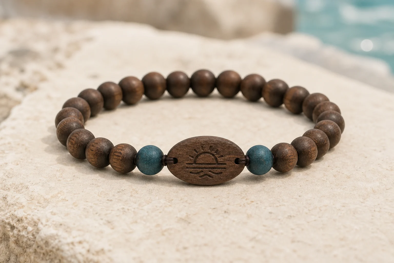 Dark Wood Bead RFID wristband — Cocoa & Teal colorway