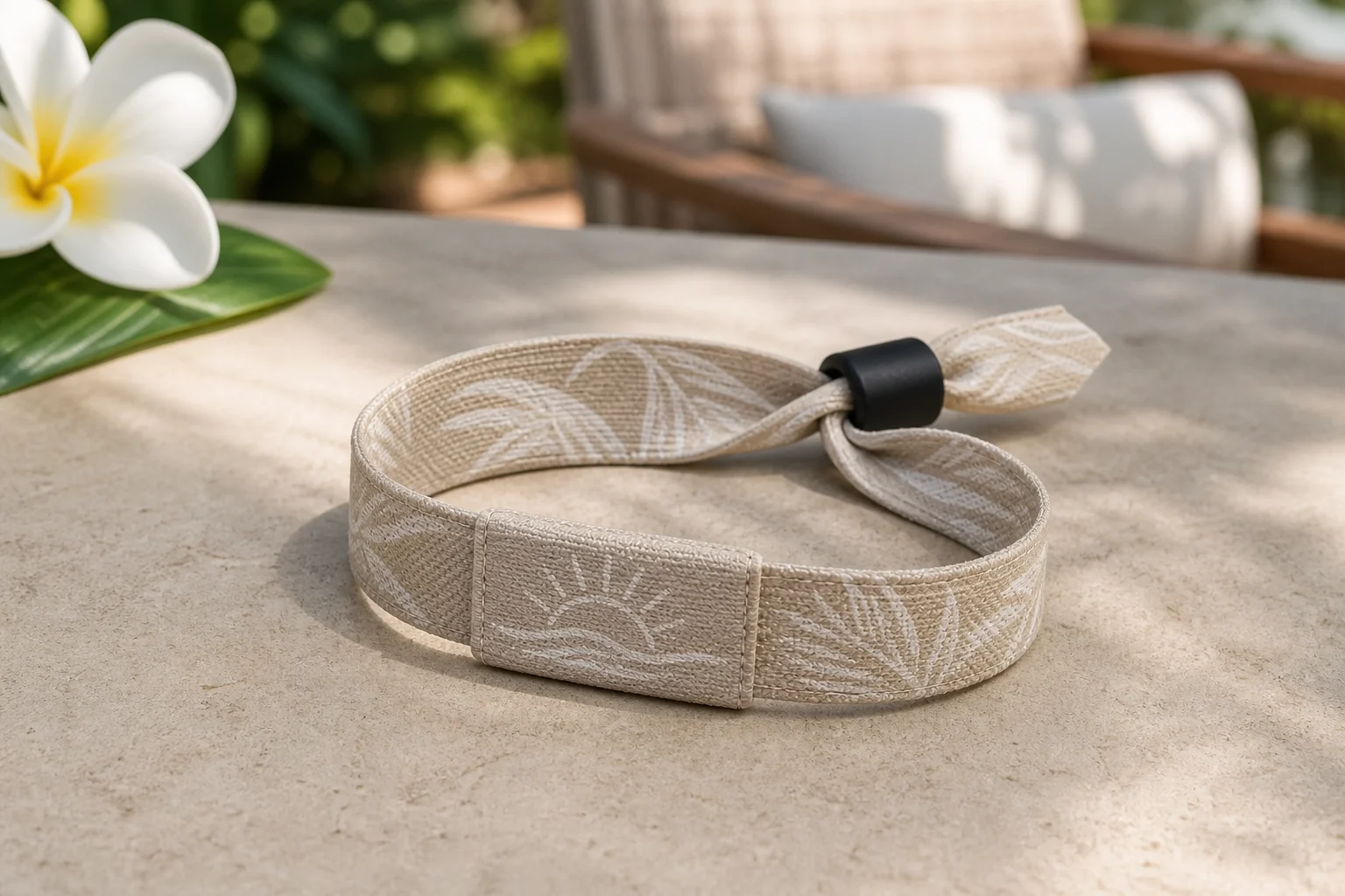 Hidden-Chip Fabric RFID wristband — Sand Botanical colorway