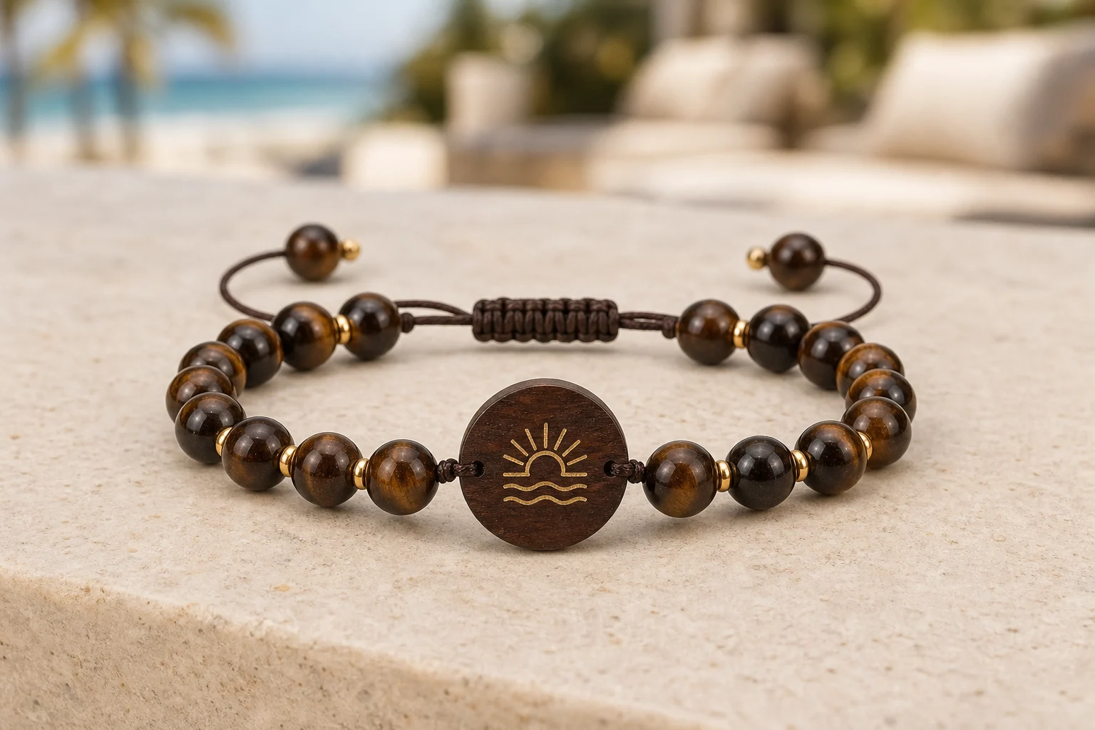 Tiger Eye Stone Bead RFID wristband — Espresso & Gold colorway
