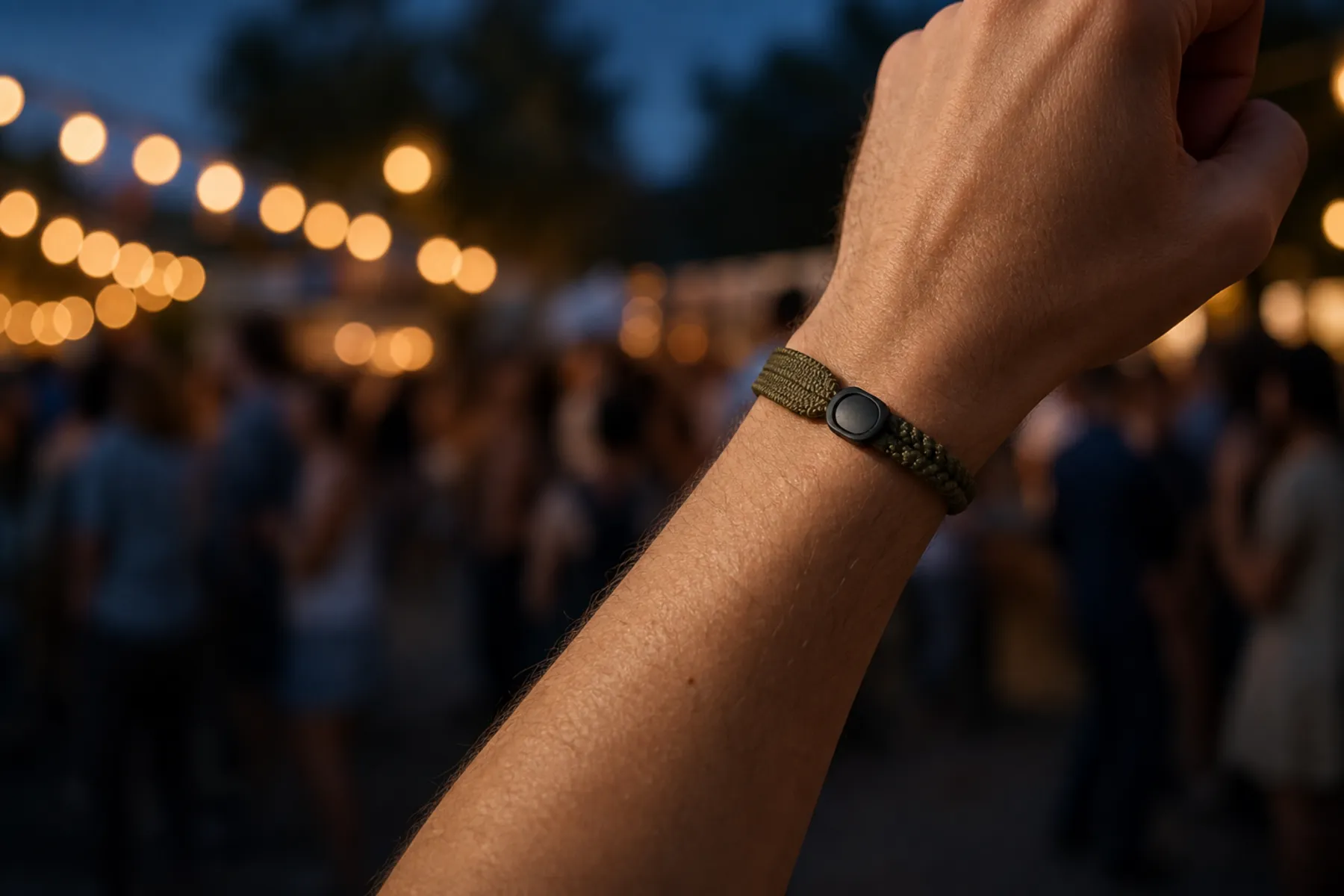 A low-profile wristband worn at an outdoor resort evening event