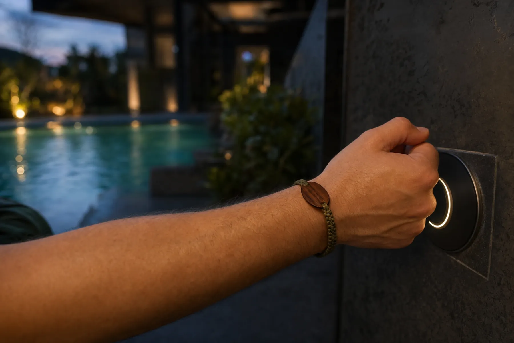 A guest presenting a natural-material RFID wristband to a resort reader