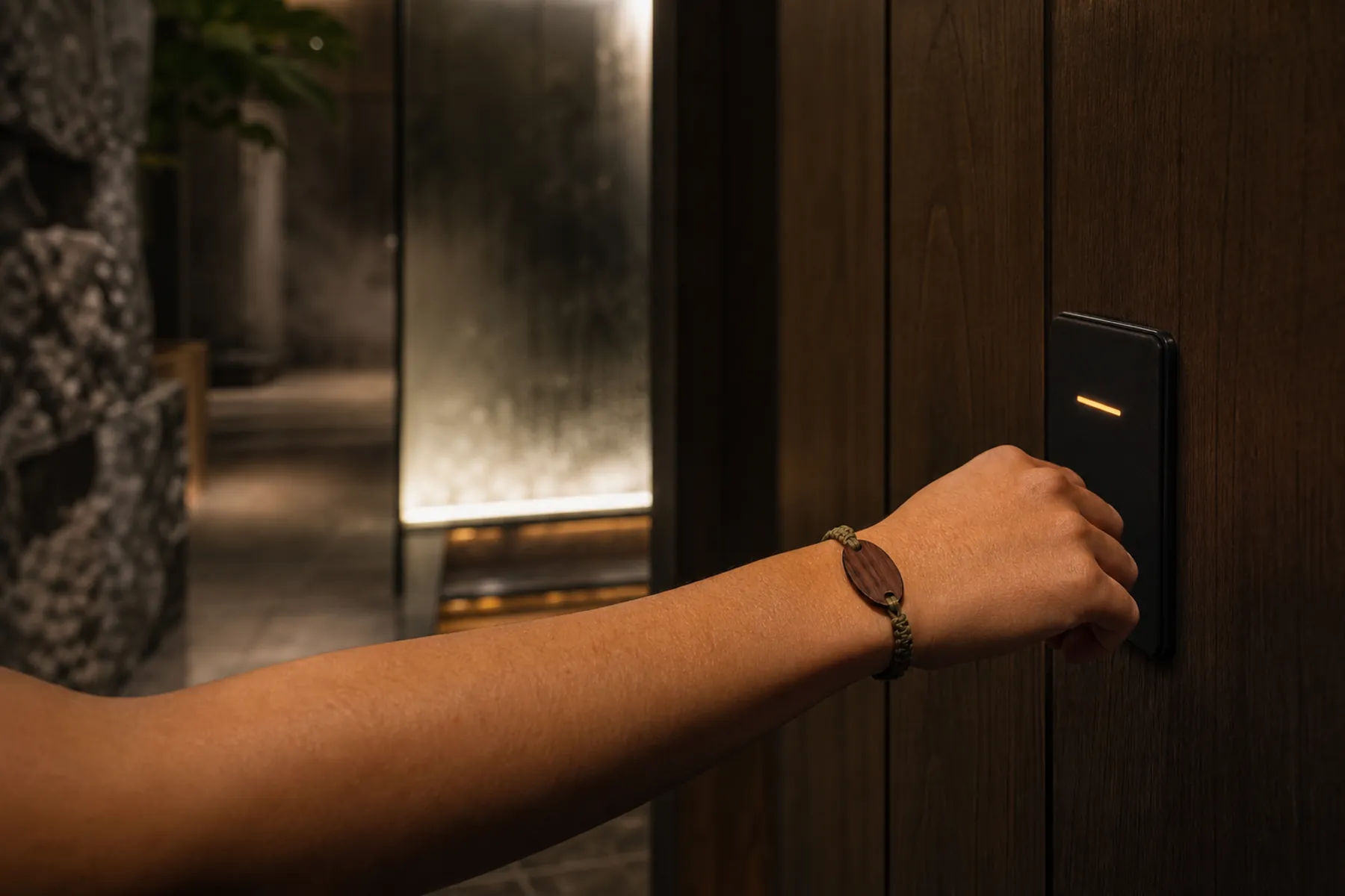 A discreet natural-material RFID wristband used at a spa access reader