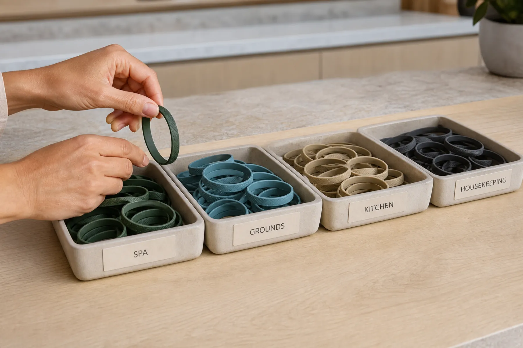 Resort staff sorting colour-coded wristbands into labelled issue trays