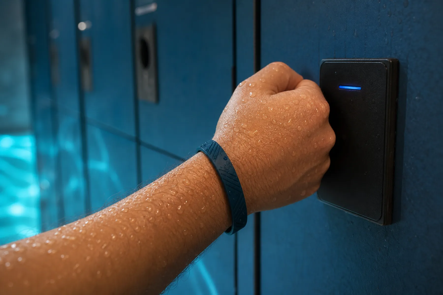 A wet silicone wristband being presented to a waterpark locker reader