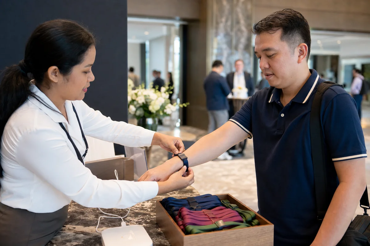 Conference registration staff fitting a woven RFID wristband to an attendee