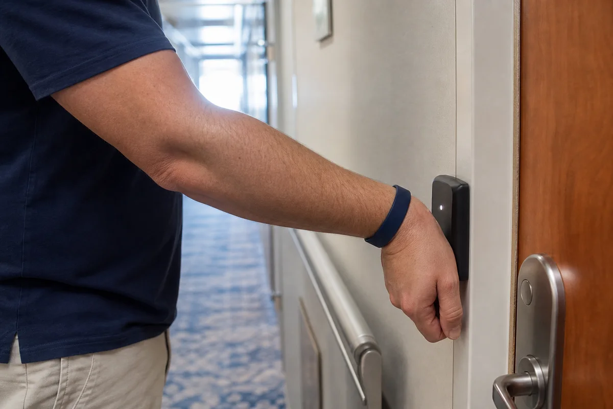 Passenger presenting a silicone RFID wristband to a cruise cabin reader