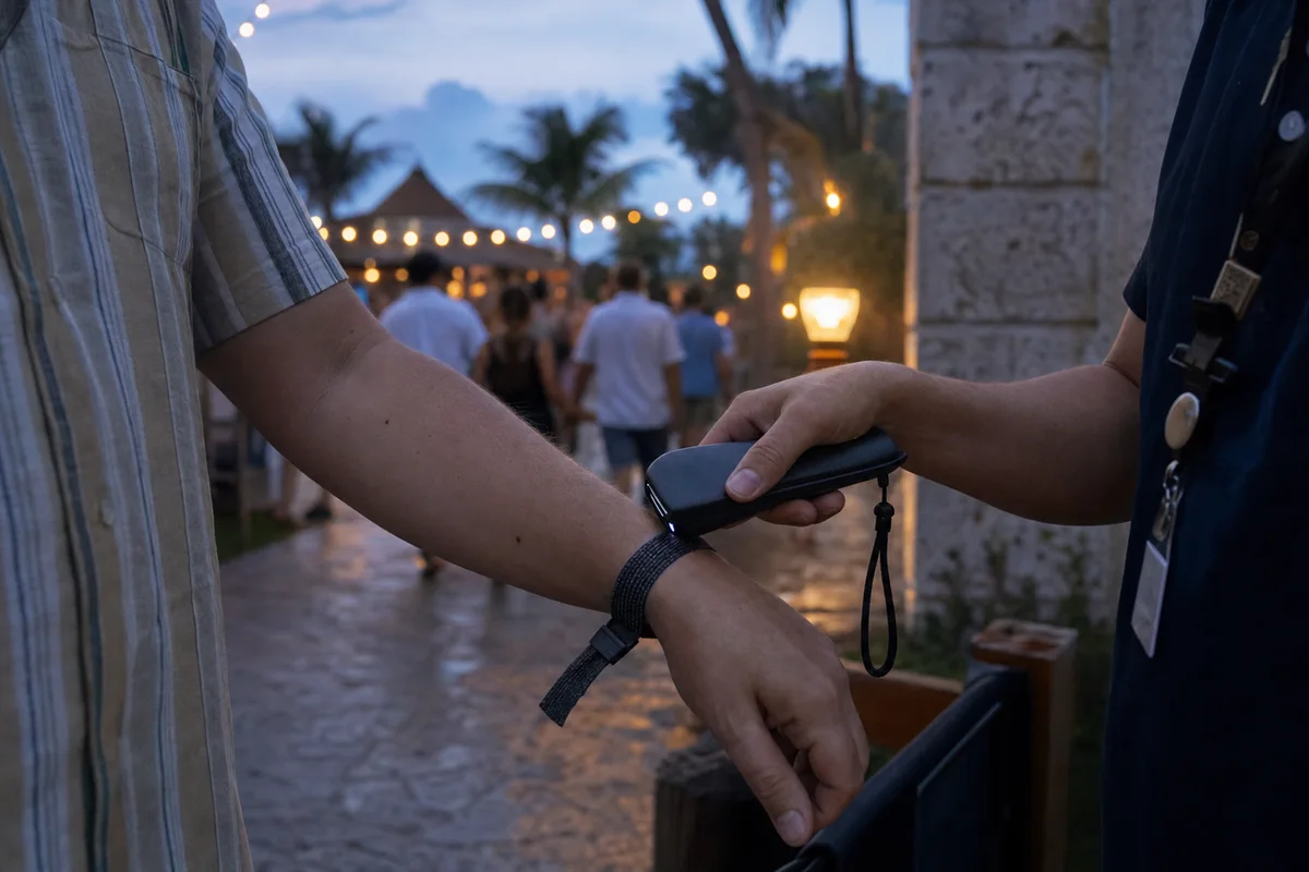 Event gate attendant scanning a woven RFID wristband at an evening resort event