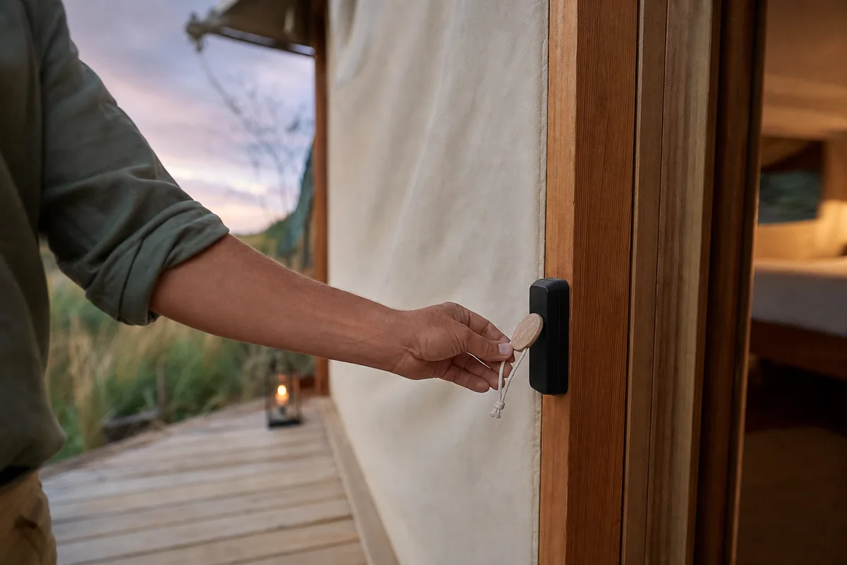 Guest presenting a wood-and-cotton RFID wristband at a canvas lodge entrance