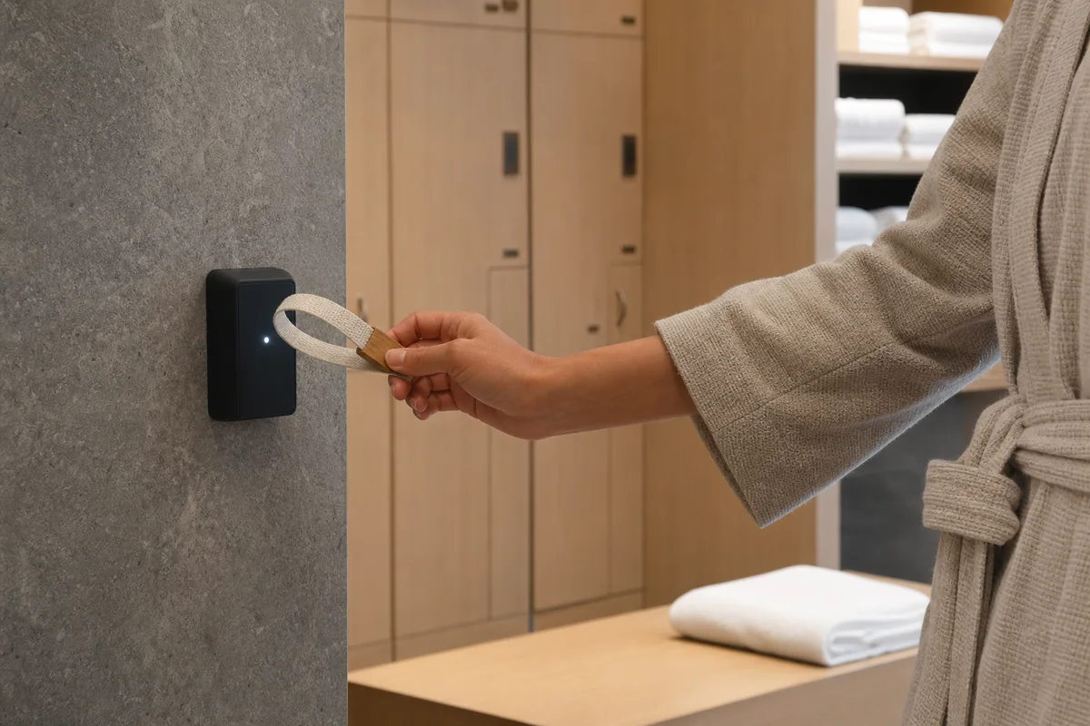 Spa guest presenting a cotton-and-wood RFID wristband to a locker reader