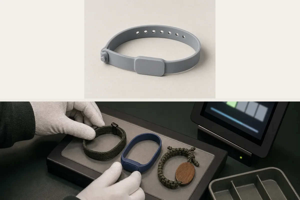 Replacement RFID wristband shown beside a controlled credential testing and enrollment process