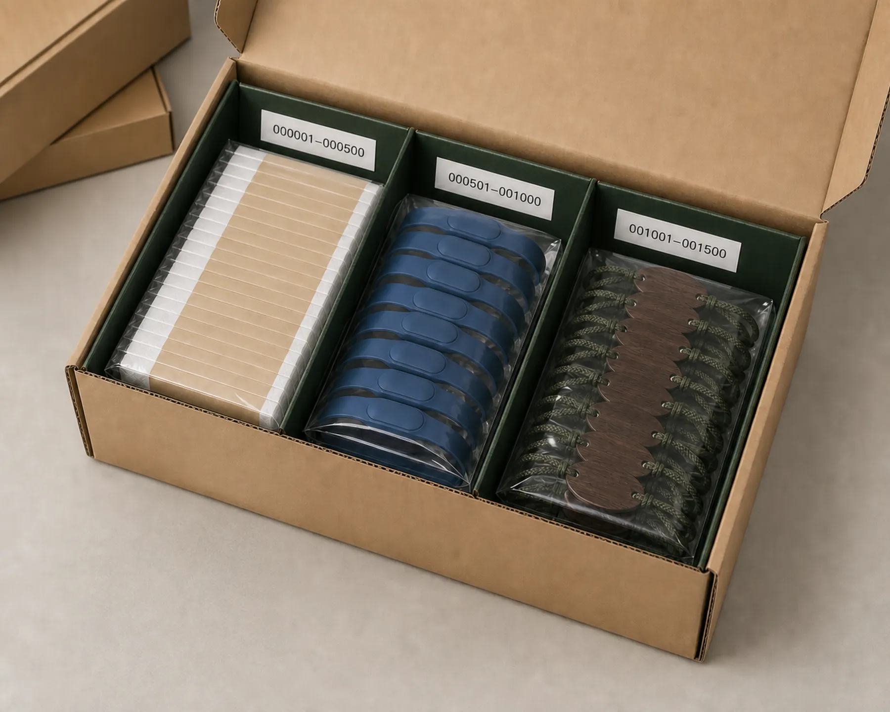 Counted wristband production packed in labelled material and colour blocks