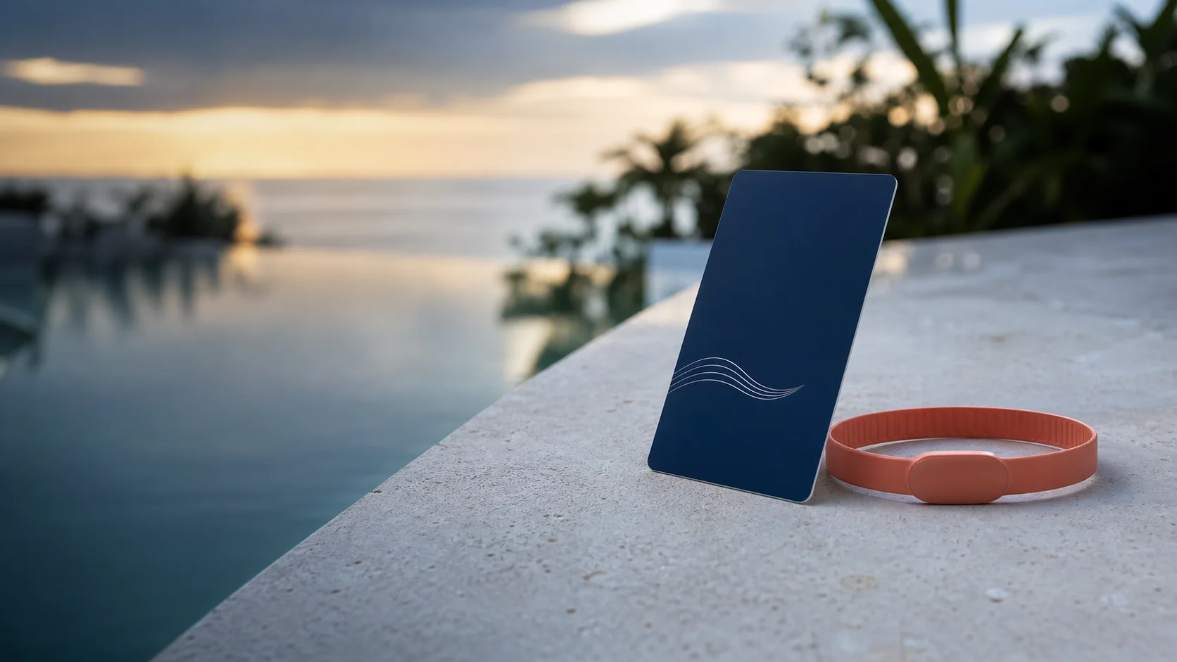 Thin blue hotel key card and coral RFID wristband beside a generic resort pool