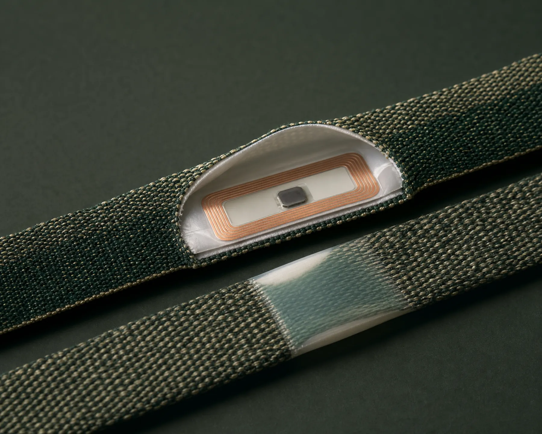 Physical cutaway showing a sealed RFID transponder inside a woven carrier