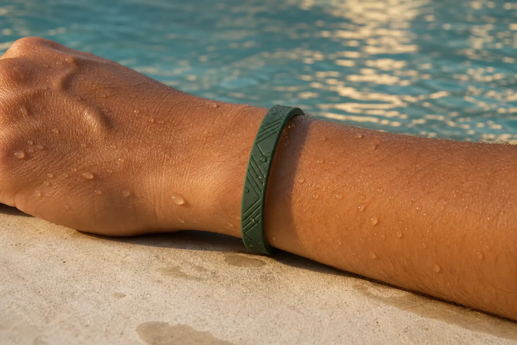 A wet silicone RFID wristband worn beside a resort pool