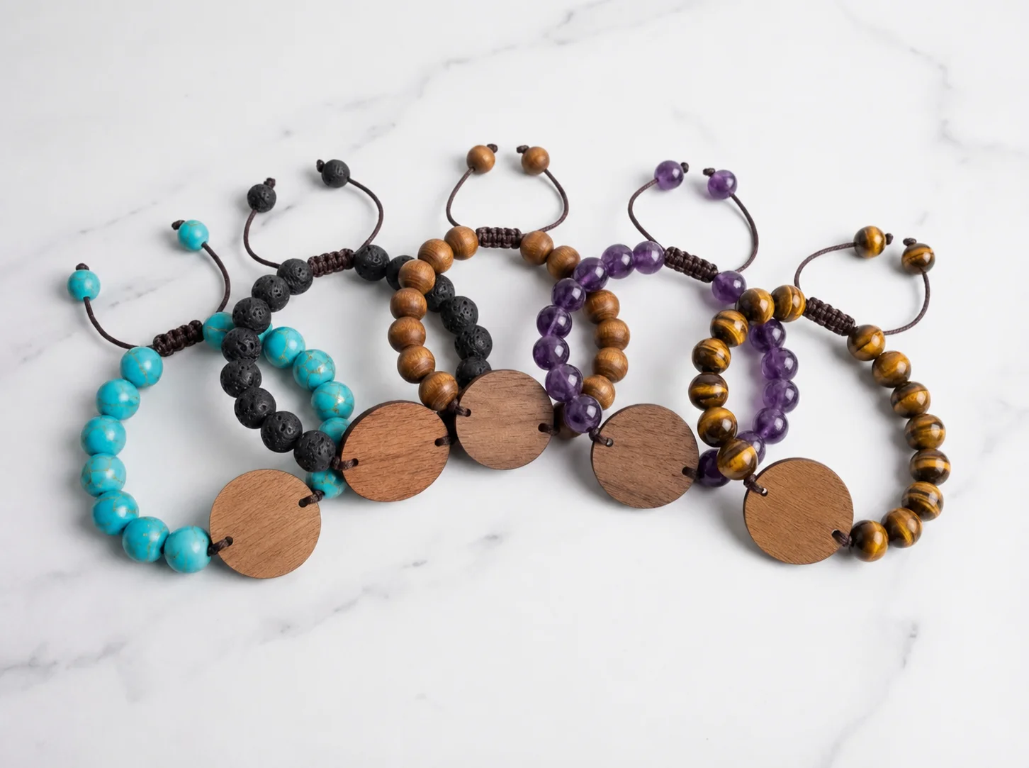 Six brand-neutral turquoise, volcanic, wood, amethyst and tiger-eye bead RFID wristband constructions