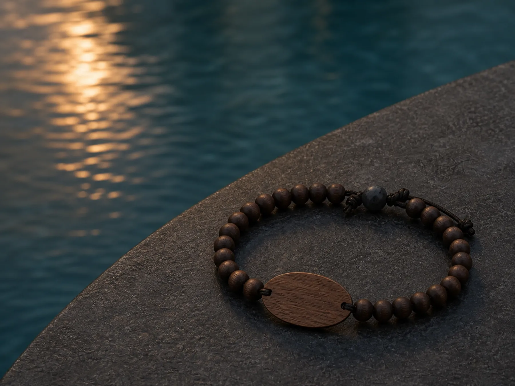 A dark natural-bead RFID wristband with a slim wooden credential face
