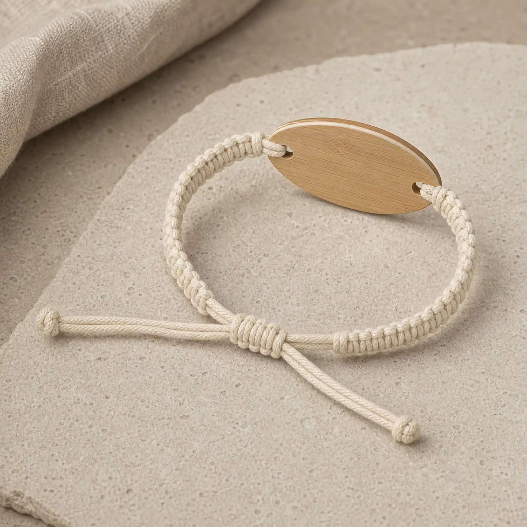 An organic-cotton cord RFID wristband with a wooden face and sliding knot adjuster