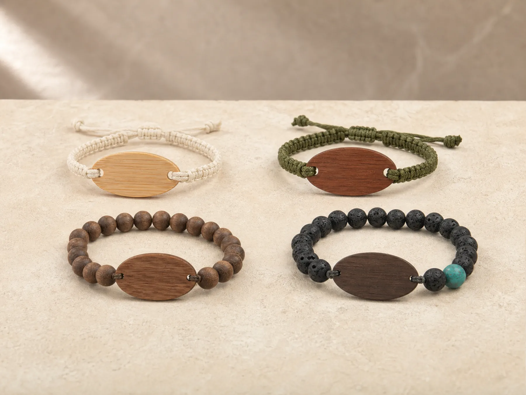 Four realistic wood, cotton, cord and bead RFID wristband constructions